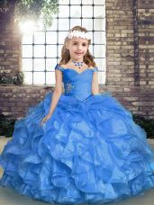 Dazzling Blue Sleeveless Organza Lace Up Pageant Dress Toddler for Party and Wedding Party