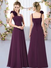 Lovely Floor Length Lace Up Dama Dress Dark Purple for Wedding Party with Hand Made Flower