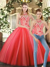 Customized Floor Length Coral Red Quince Ball Gowns Halter Top Sleeveless Lace Up