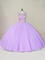 Lavender Ball Gowns Beading Sweet 16 Quinceanera Dress Lace Up Tulle Sleeveless Floor Length