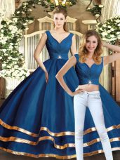 Graceful Navy Blue Tulle Backless V-neck Sleeveless Floor Length Quinceanera Gown Beading and Ruffled Layers