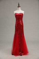 Extravagant Mermaid Homecoming Dress Red Sweetheart Tulle and Sequined Sleeveless Floor Length Zipper