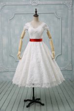 Beauteous White Ball Gowns Lace V-neck Short Sleeves Lace and Belt Tea Length Zipper Wedding Gown
