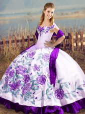 Off The Shoulder Sleeveless 15 Quinceanera Dress Floor Length Embroidery and Ruffles White And Purple Satin