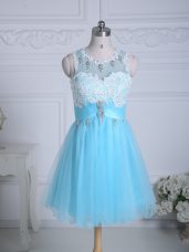 Scoop Sleeveless Evening Dress Mini Length Lace and Appliques Aqua Blue Organza