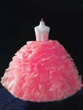 Floor Length Zipper Girls Pageant Dresses Coral Red for Wedding Party with Beading and Ruffles and Pick Ups