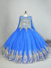 Top Selling Blue Ball Gowns Tulle High-neck Long Sleeves Beading and Appliques Floor Length Lace Up Sweet 16 Dress