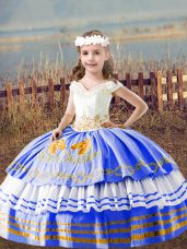 Trendy Floor Length Lace Up Little Girls Pageant Dress Wholesale Blue for Wedding Party with Embroidery