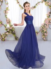 Noble Empire Bridesmaid Dresses Royal Blue One Shoulder Chiffon Sleeveless Floor Length Lace Up