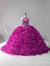 Vintage Sleeveless Beading and Pick Ups Lace Up Quinceanera Dresses with Fuchsia