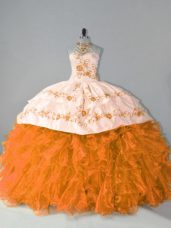 Customized Court Train Ball Gowns Sweet 16 Dress Orange Halter Top Organza Sleeveless Floor Length Lace Up