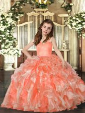Peach Organza Lace Up Straps Sleeveless Floor Length Little Girls Pageant Gowns Ruffles