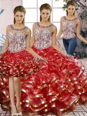 Super Red Sleeveless Beading and Ruffles Floor Length Quince Ball Gowns