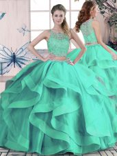 Turquoise Tulle Lace Up Scoop Sleeveless Floor Length 15th Birthday Dress Beading and Ruffles