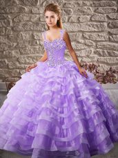 Lavender Straps Neckline Beading and Ruffled Layers Sweet 16 Dresses Sleeveless Lace Up