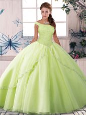 Great Beading Quinceanera Gowns Yellow Green Lace Up Sleeveless Brush Train