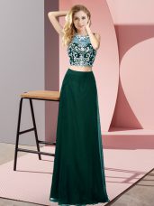 Scoop Sleeveless Prom Dress Floor Length Beading Peacock Green Chiffon