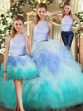 Most Popular Multi-color Three Pieces High-neck Sleeveless Tulle Floor Length Backless Ruffles Ball Gown Prom Dress