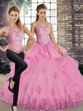 Luxurious Rose Pink Sleeveless Lace and Embroidery and Ruffles Floor Length Quinceanera Dresses