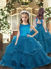 Custom Designed Scoop Sleeveless Tulle Little Girl Pageant Gowns Ruffled Layers Lace Up