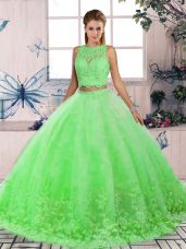 Inexpensive Tulle Scalloped Sleeveless Sweep Train Backless Lace 15th Birthday Dress in Green