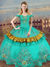 Sweet Turquoise Vestidos de Quinceanera Sweet 16 and Quinceanera with Embroidery Off The Shoulder Sleeveless Lace Up