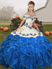 Dazzling Organza Off The Shoulder Sleeveless Lace Up Embroidery and Ruffles 15 Quinceanera Dress in Blue And White