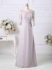 3 4 Length Sleeve Chiffon Floor Length Zipper in Pink with Beading and Embroidery
