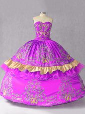 Fitting Purple Ball Gowns Satin and Organza Sweetheart Sleeveless Embroidery and Bowknot Floor Length Lace Up Sweet 16 Quinceanera Dress