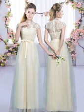 Ideal Champagne High-neck Neckline Lace and Bowknot Bridesmaids Dress Cap Sleeves Zipper