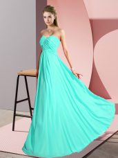 Turquoise Empire Ruching Dress for Prom Lace Up Chiffon Sleeveless Floor Length
