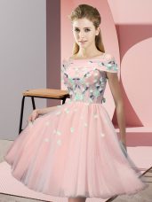 Top Selling Pink Tulle Lace Up Off The Shoulder Short Sleeves Knee Length Quinceanera Court Dresses Appliques