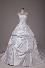 Lovely White Taffeta Lace Up Wedding Gowns Sleeveless Brush Train Embroidery and Pick Ups