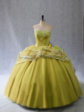 Sweetheart Sleeveless Quinceanera Dress Brush Train Appliques and Ruffles Olive Green Tulle