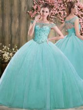 Cute Floor Length Ball Gowns Sleeveless Blue Quinceanera Gowns Lace Up
