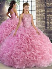 Fancy Fabric With Rolling Flowers Sleeveless Floor Length Quince Ball Gowns and Beading