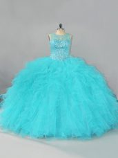Custom Fit Aqua Blue Lace Up Quinceanera Gown Beading and Ruffles Sleeveless Floor Length