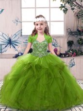Straps Sleeveless Juniors Party Dress Floor Length Beading Olive Green Tulle