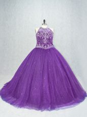 Fashion Sleeveless Brush Train Beading Lace Up 15th Birthday Dress