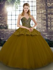 Noble Brown Sleeveless Floor Length Beading and Appliques Lace Up Quince Ball Gowns
