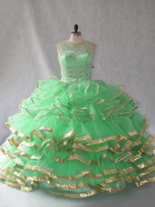 Suitable Green Scoop Lace Up Beading and Ruffles Quinceanera Gown Sleeveless