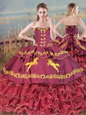 Latest Burgundy Ball Gowns Satin and Organza Sweetheart Sleeveless Embroidery and Ruffled Layers Lace Up Quinceanera Gowns Brush Train