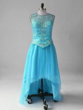 Wonderful Beading Going Out Dresses Aqua Blue Lace Up Sleeveless High Low