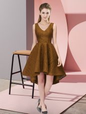 High Low Zipper Bridesmaid Dress Brown for Wedding Party with Lace