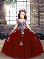 Most Popular Straps Sleeveless Girls Pageant Dresses Floor Length Appliques Red Tulle