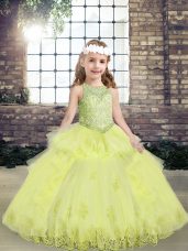 Graceful Sleeveless Tulle Floor Length Lace Up Girls Pageant Dresses in Yellow Green with Lace and Appliques