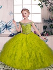 Attractive Olive Green Sleeveless Beading and Ruffles Floor Length Little Girls Pageant Dress Wholesale