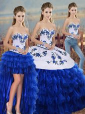 Best Selling Royal Blue Sleeveless Organza Lace Up Quince Ball Gowns for Military Ball and Sweet 16 and Quinceanera