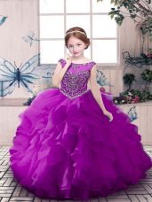 Enchanting Purple Ball Gowns Scoop Sleeveless Organza Floor Length Zipper Beading and Ruffles Child Pageant Dress
