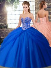 Fancy Sleeveless Beading and Pick Ups Lace Up Quince Ball Gowns with Royal Blue Brush Train